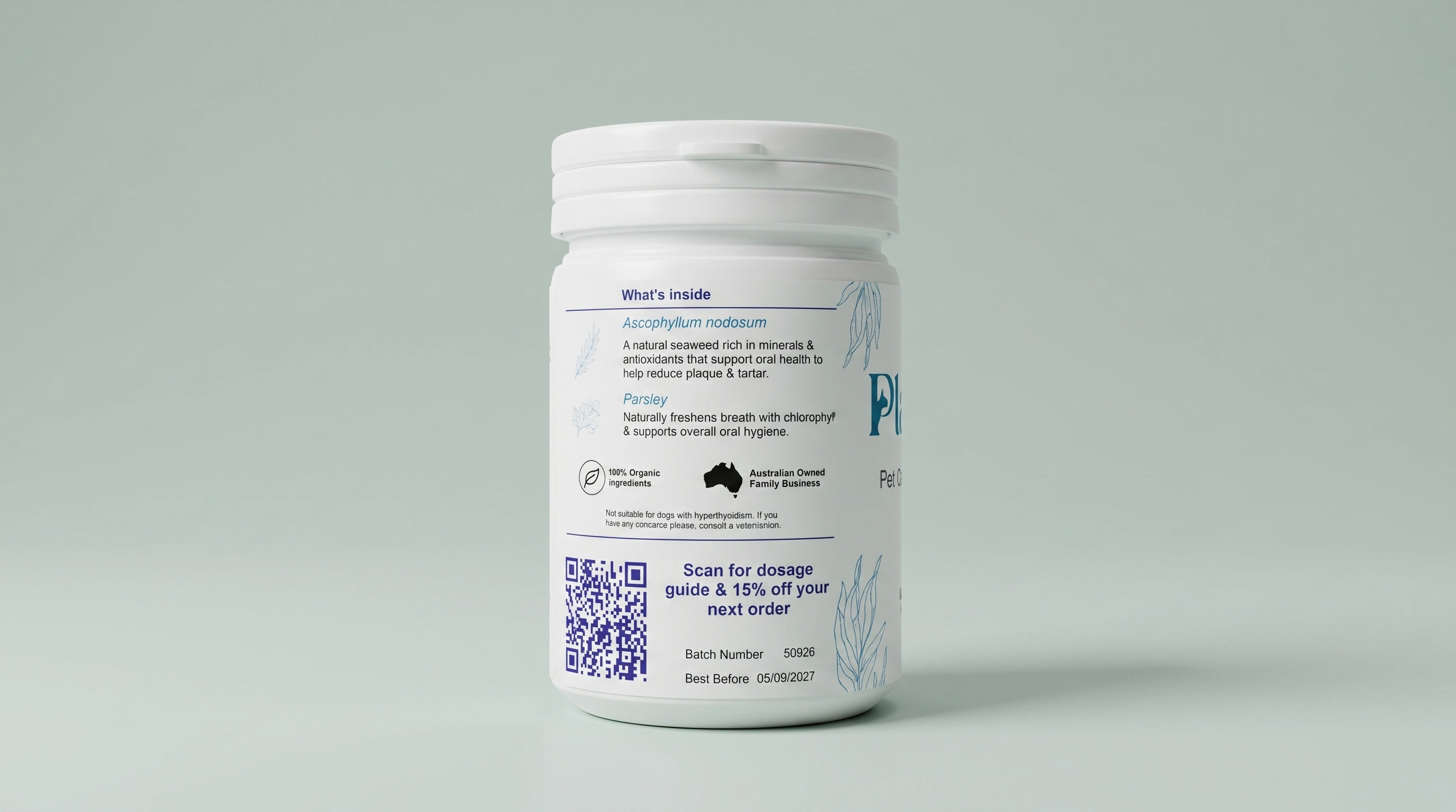 Plaque-Less Dog Dental Powder - Ingredients & QR Code